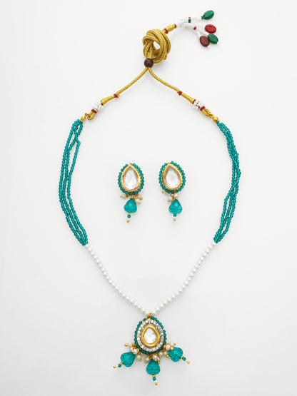 Aadita Gold Plated Kundan Teal Beaded Necklace Set with Earrings for Women