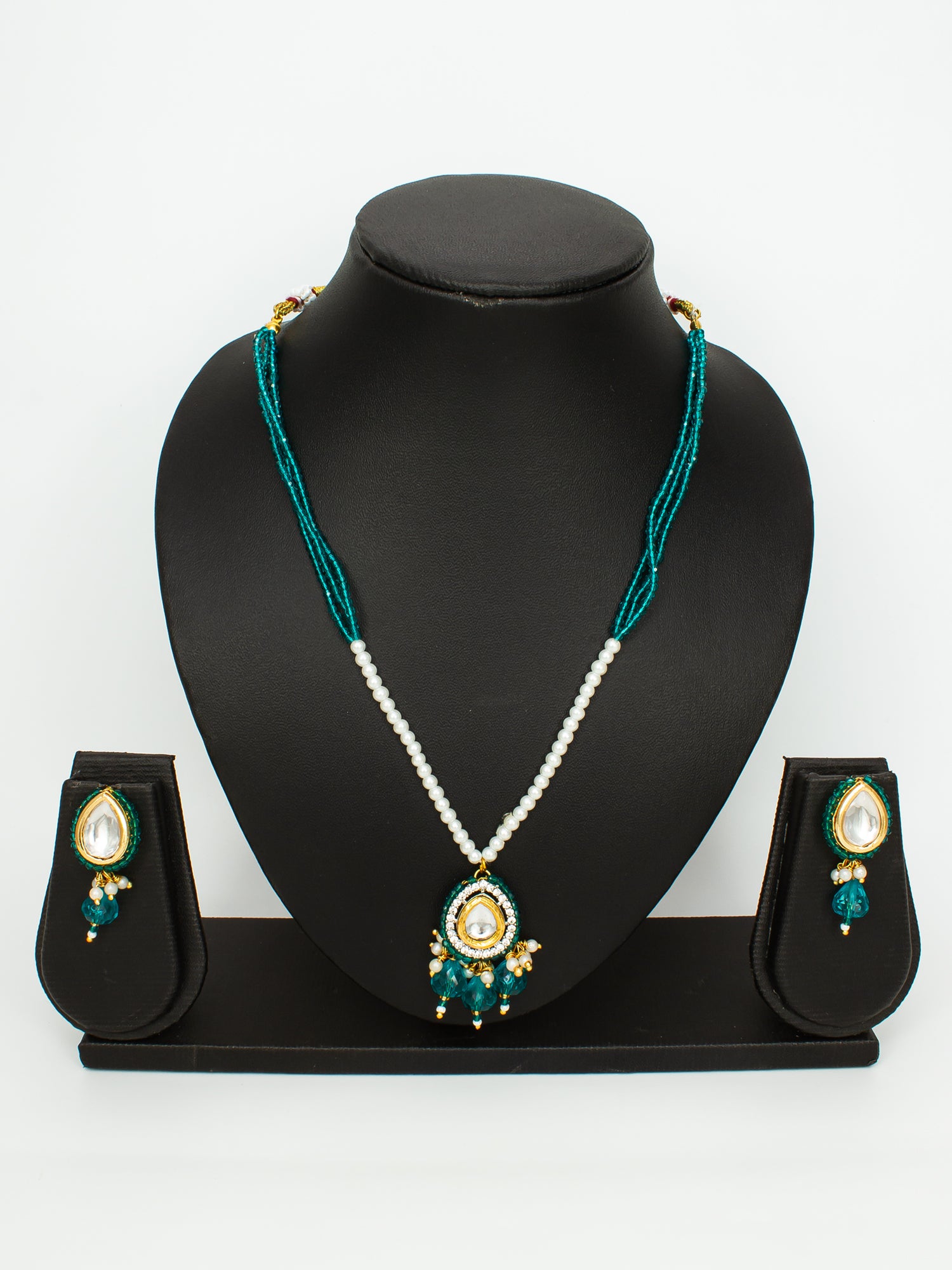 Aadita Gold Plated Kundan Teal Beaded Necklace Set with Earrings for Women