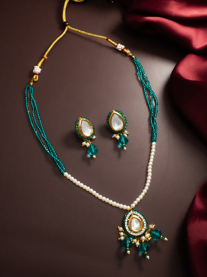Aadita Gold Plated Kundan Teal Beaded Necklace Set with Earrings for Women