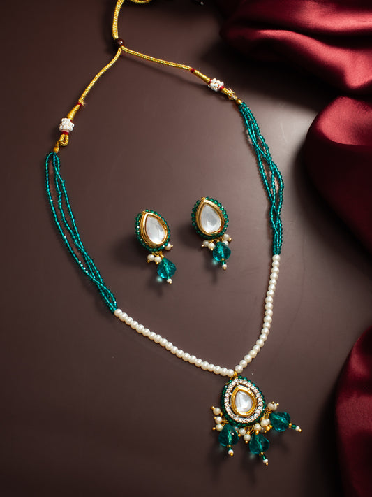 Aadita Gold Plated Kundan Teal Beaded Necklace Set with Earrings for Women