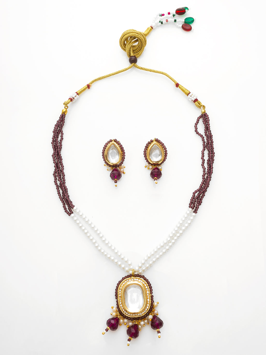 Gold-Plated Maroon Beaded Kundan Necklace Set with Earrings