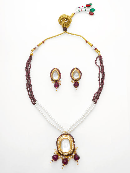 Aadita Gold-Plated Maroon Beaded Kundan Necklace Set with Earrings