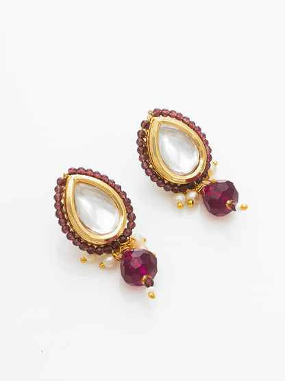 Aadita Gold-Plated Maroon Beaded Kundan Necklace Set with Earrings