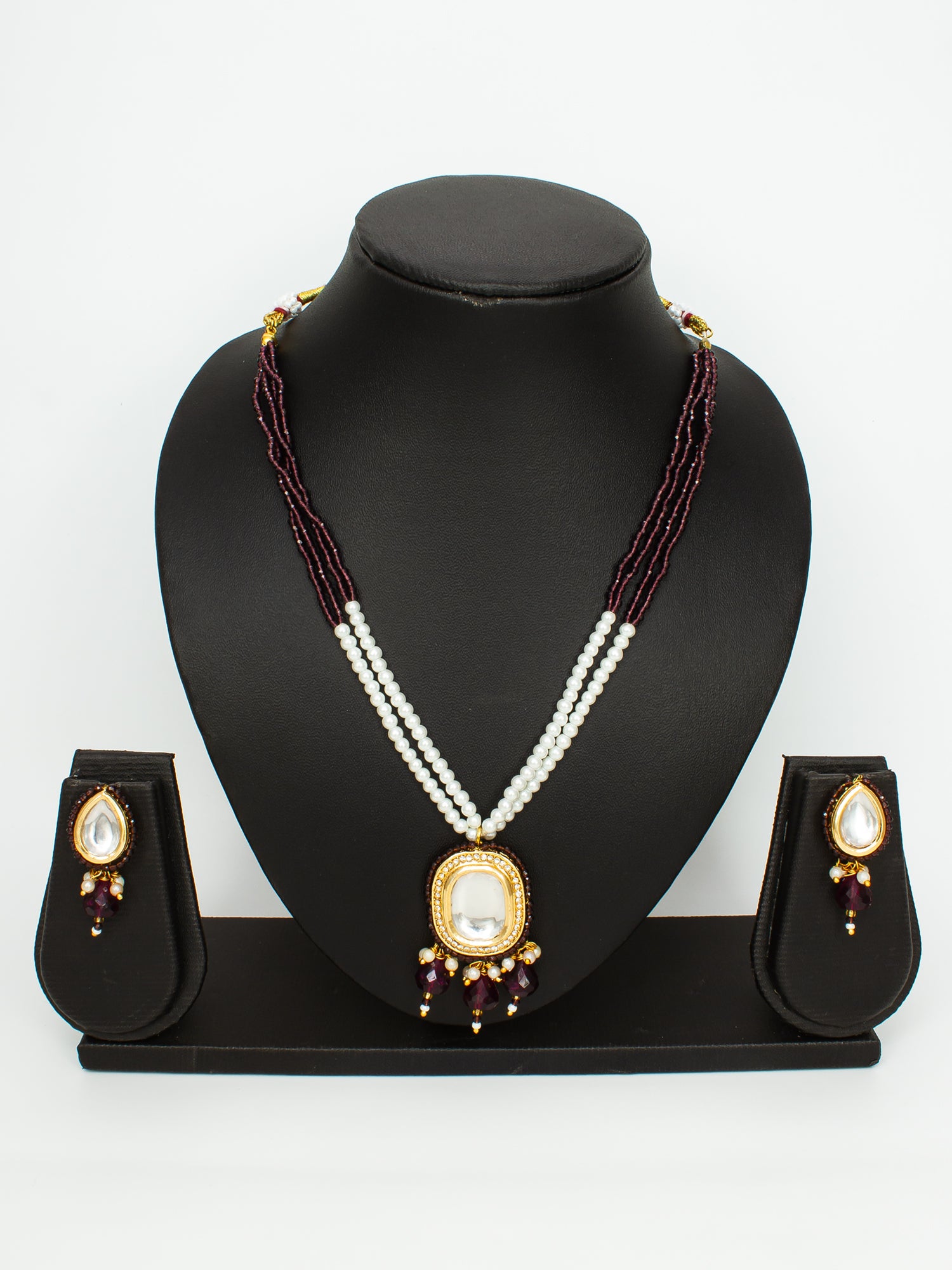 Aadita Gold-Plated Maroon Beaded Kundan Necklace Set with Earrings