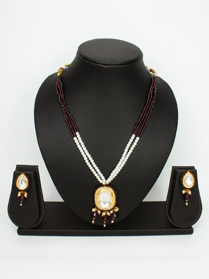 Aadita Gold-Plated Maroon Beaded Kundan Necklace Set with Earrings