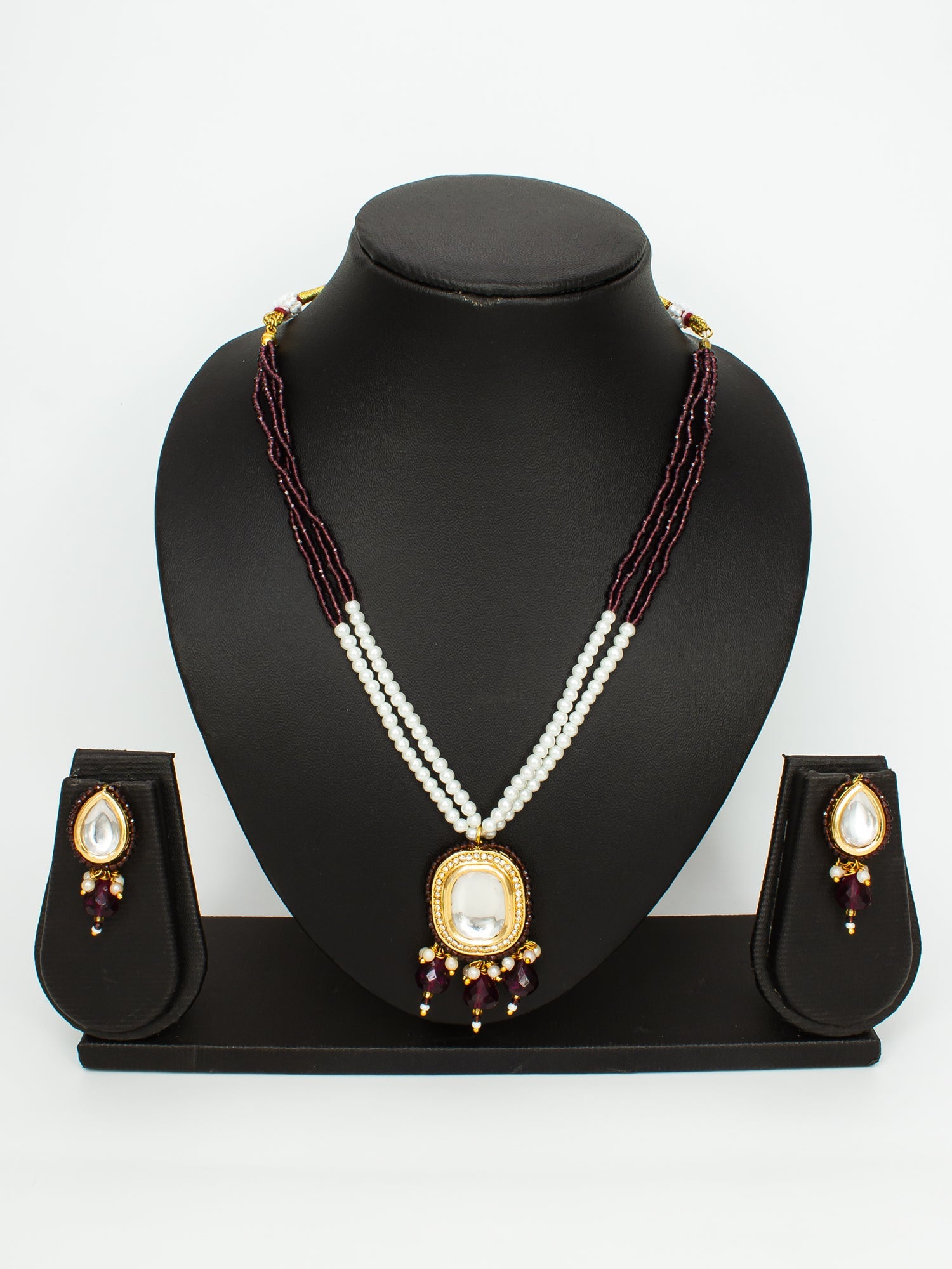 Aadita Gold-Plated Maroon Beaded Kundan Necklace Set with Earrings WNK4723