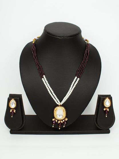Aadita Gold-Plated Maroon Beaded Kundan Necklace Set with Earrings WNK4723