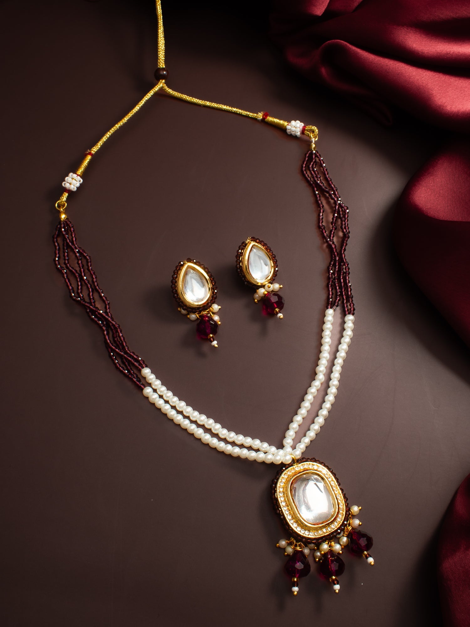Aadita Gold-Plated Maroon Beaded Kundan Necklace Set with Earrings WNK4723