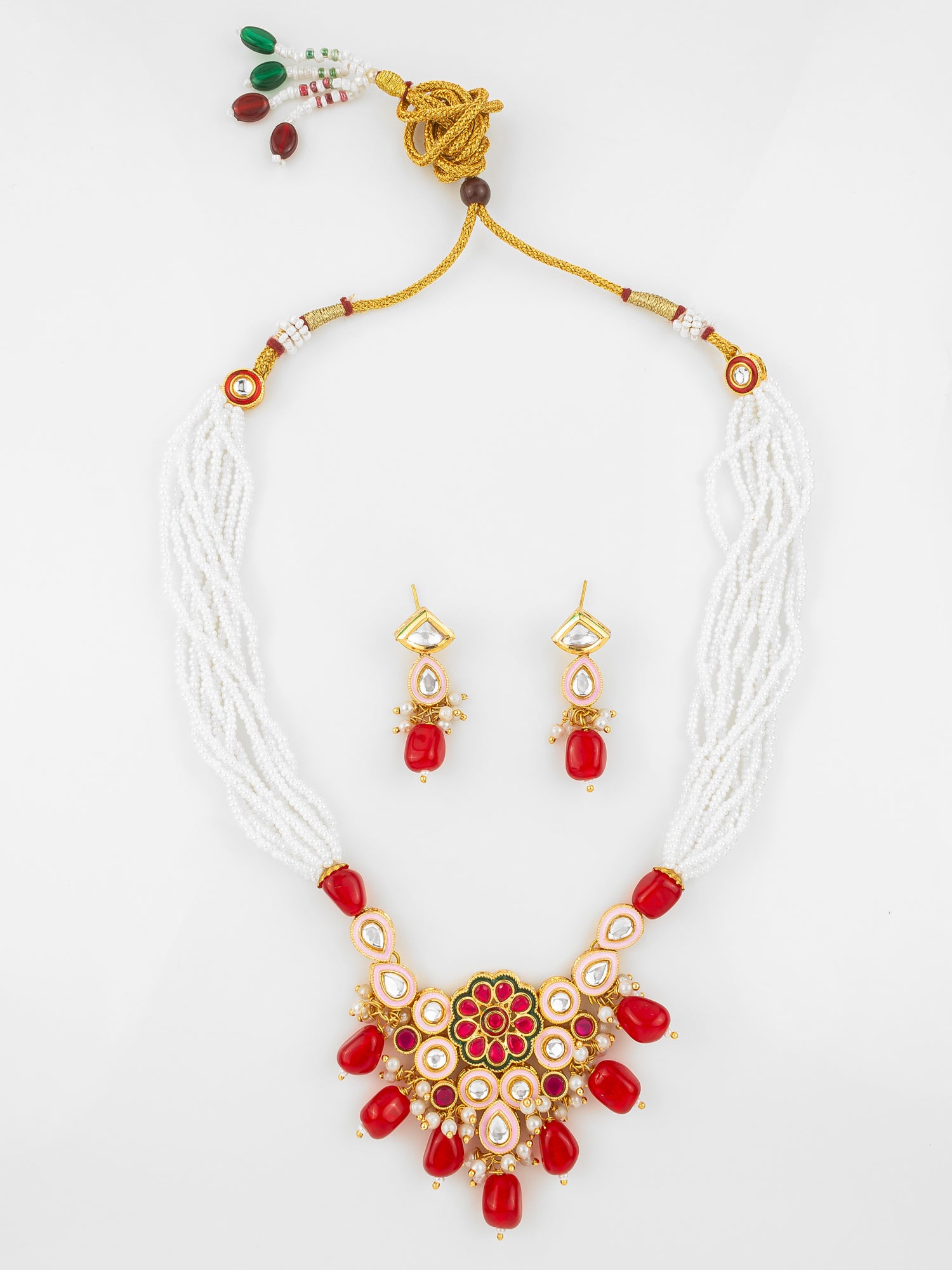 Aadita Gold Plated Red & White Kundan Beaded Necklace Set for Women