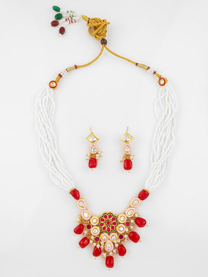 Aadita Gold Plated Red & White Kundan Beaded Necklace Set for Women