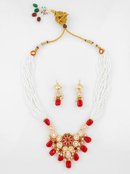 Aadita Gold Plated Red & White Kundan Beaded Necklace Set for Women WNK4724