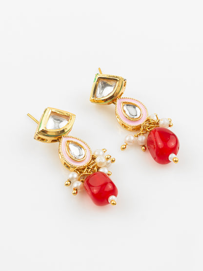 Aadita Gold Plated Red & White Kundan Beaded Necklace Set for Women