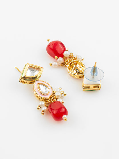 Aadita Gold Plated Red & White Kundan Beaded Necklace Set for Women