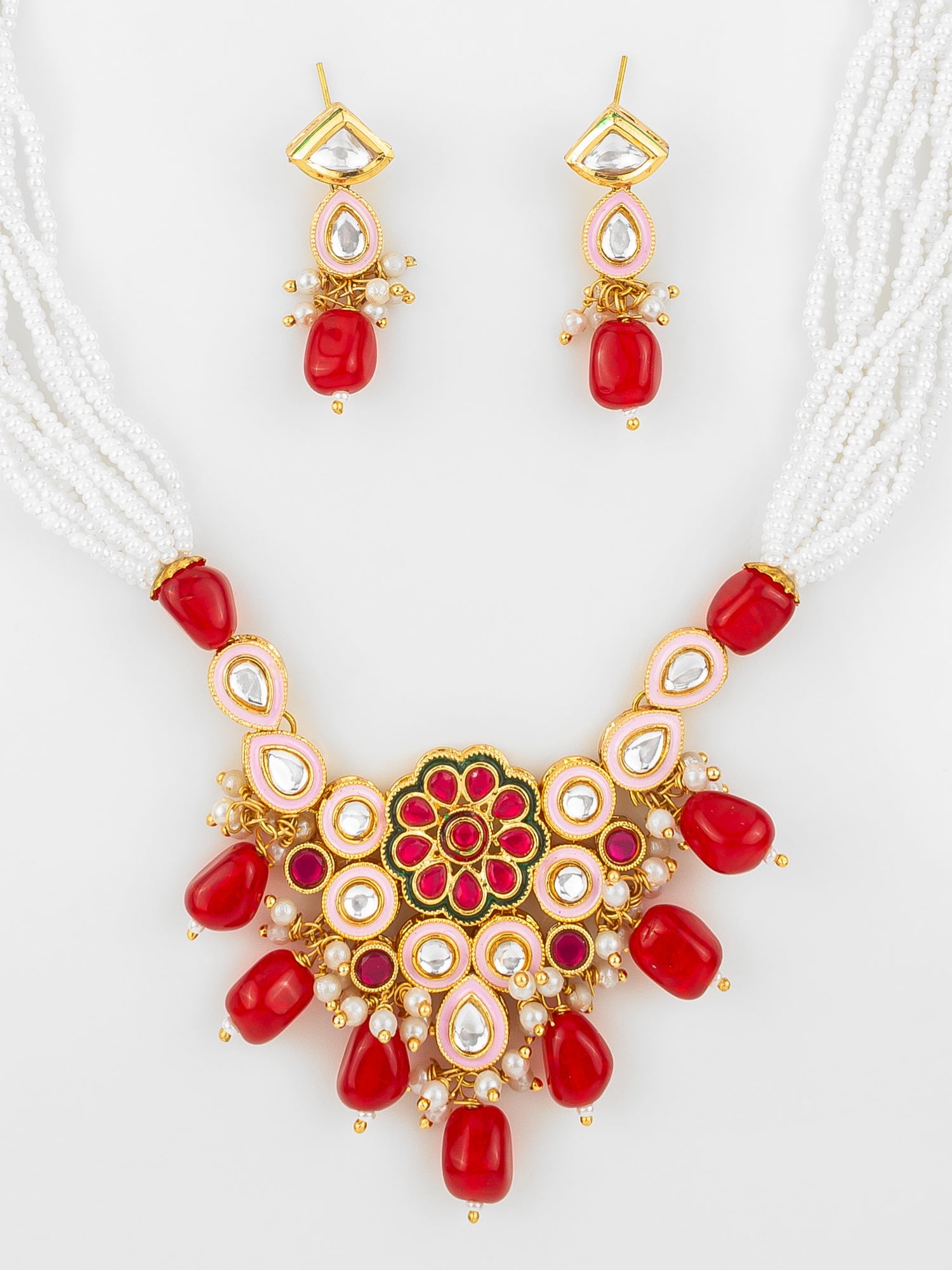 Aadita Gold Plated Red & White Kundan Beaded Necklace Set for Women