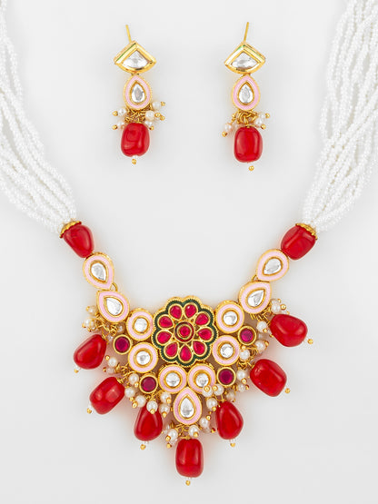 Aadita Gold Plated Red & White Kundan Beaded Necklace Set for Women