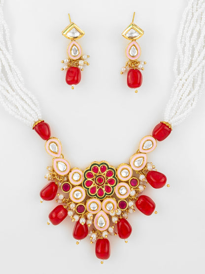 Aadita Gold Plated Red & White Kundan Beaded Necklace Set for Women WNK4724