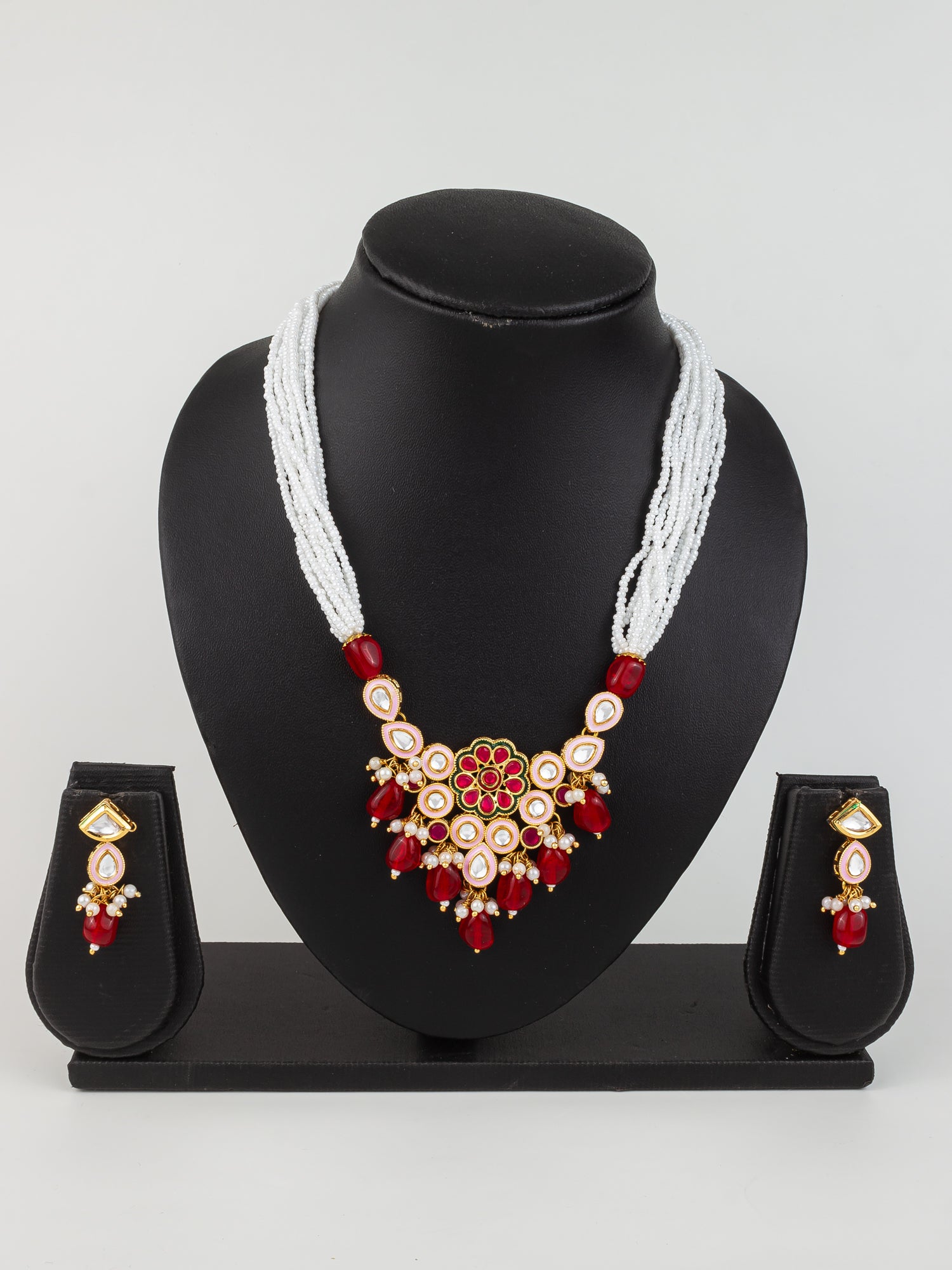 Aadita Gold Plated Red & White Kundan Beaded Necklace Set for Women