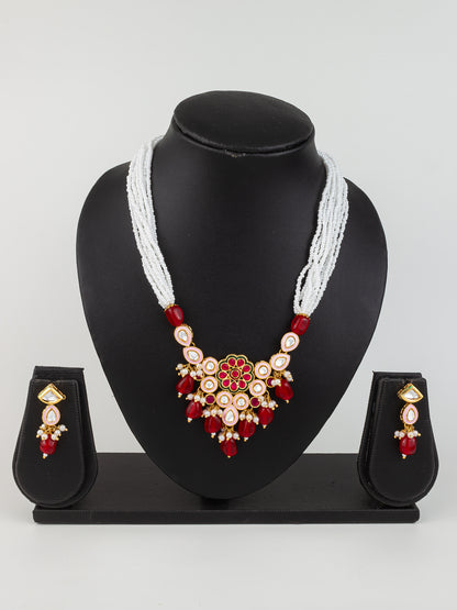 Aadita Gold Plated Red & White Kundan Beaded Necklace Set for Women