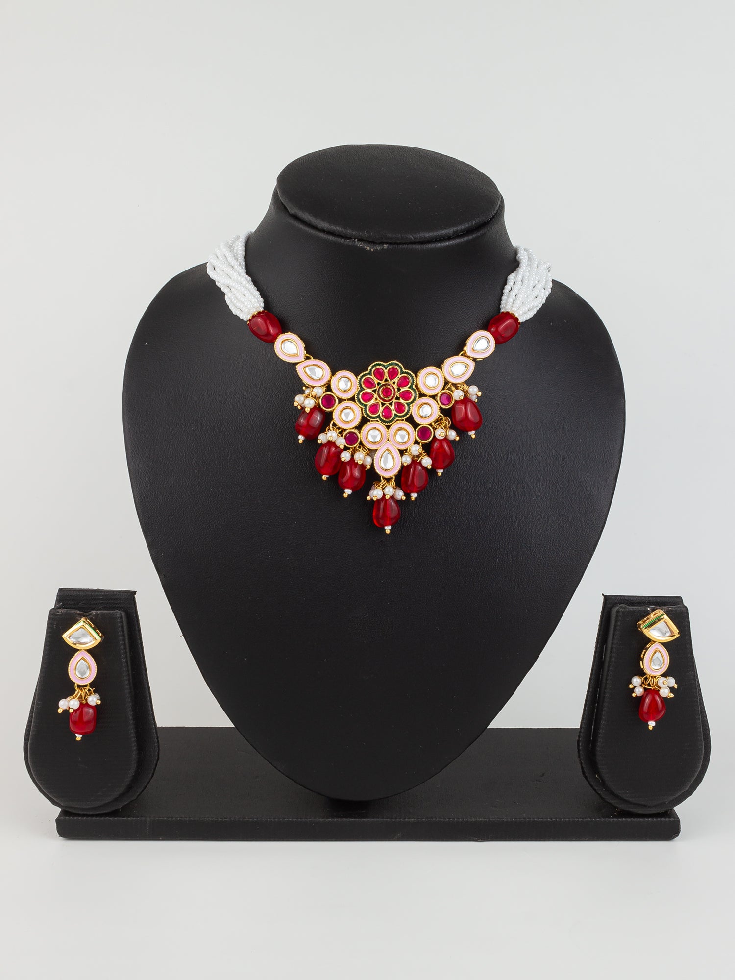 Aadita Gold Plated Red & White Kundan Beaded Necklace Set for Women