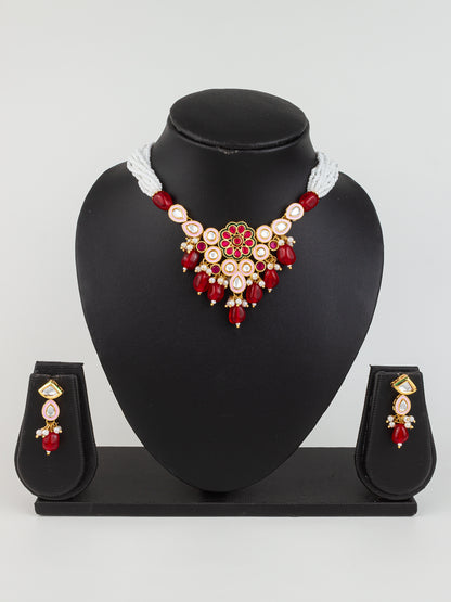 Aadita Gold Plated Red & White Kundan Beaded Necklace Set for Women