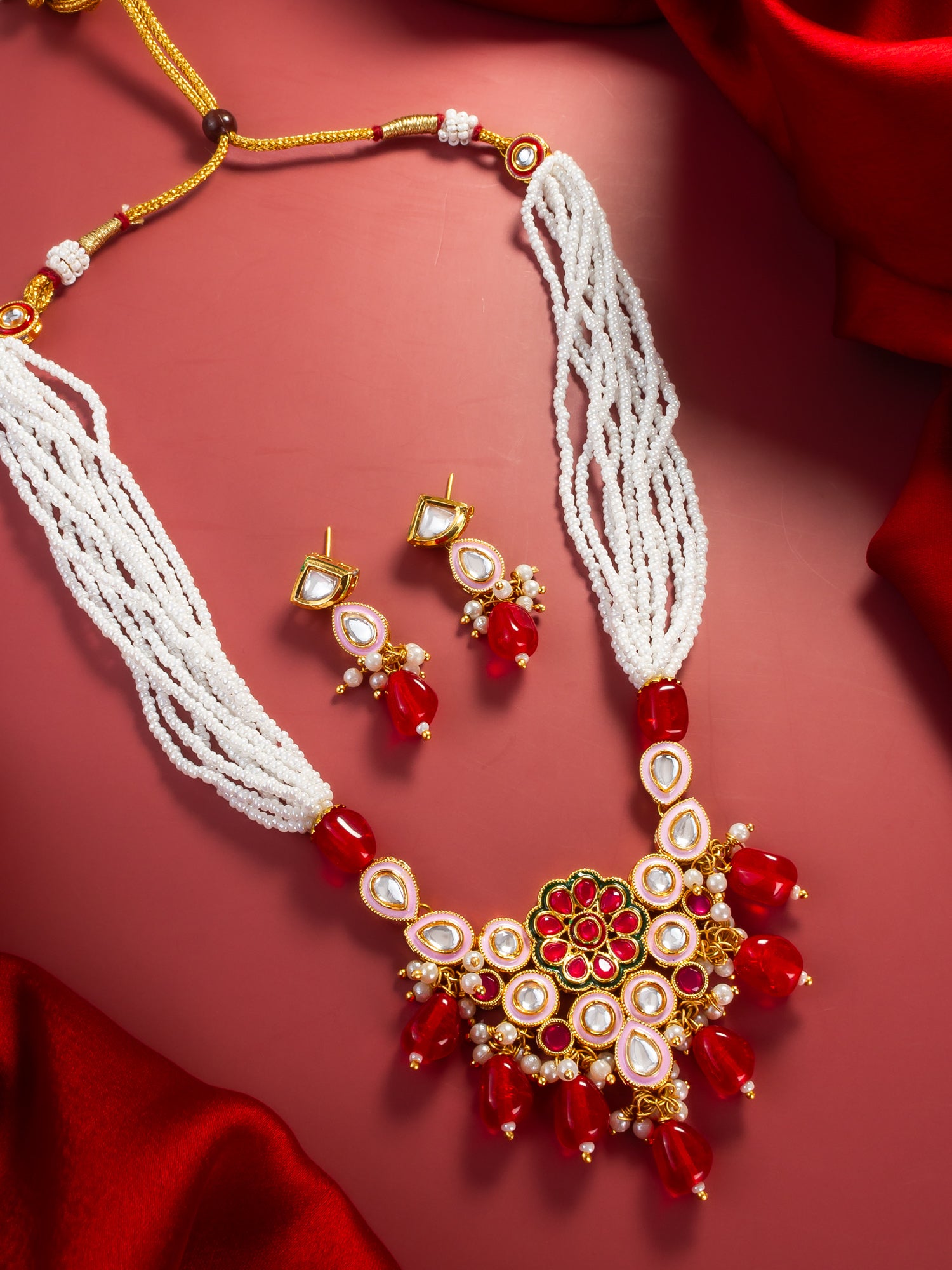 Aadita Gold Plated Red & White Kundan Beaded Necklace Set for Women