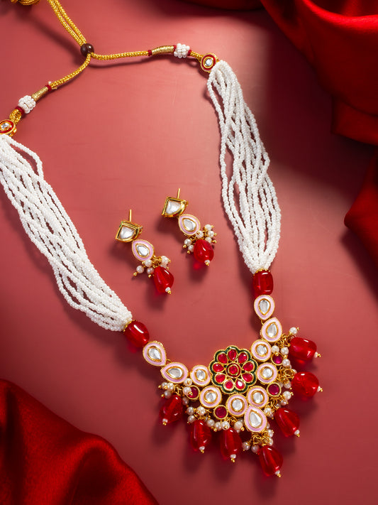 Aadita Gold Plated Red & White Kundan Beaded Necklace Set for Women