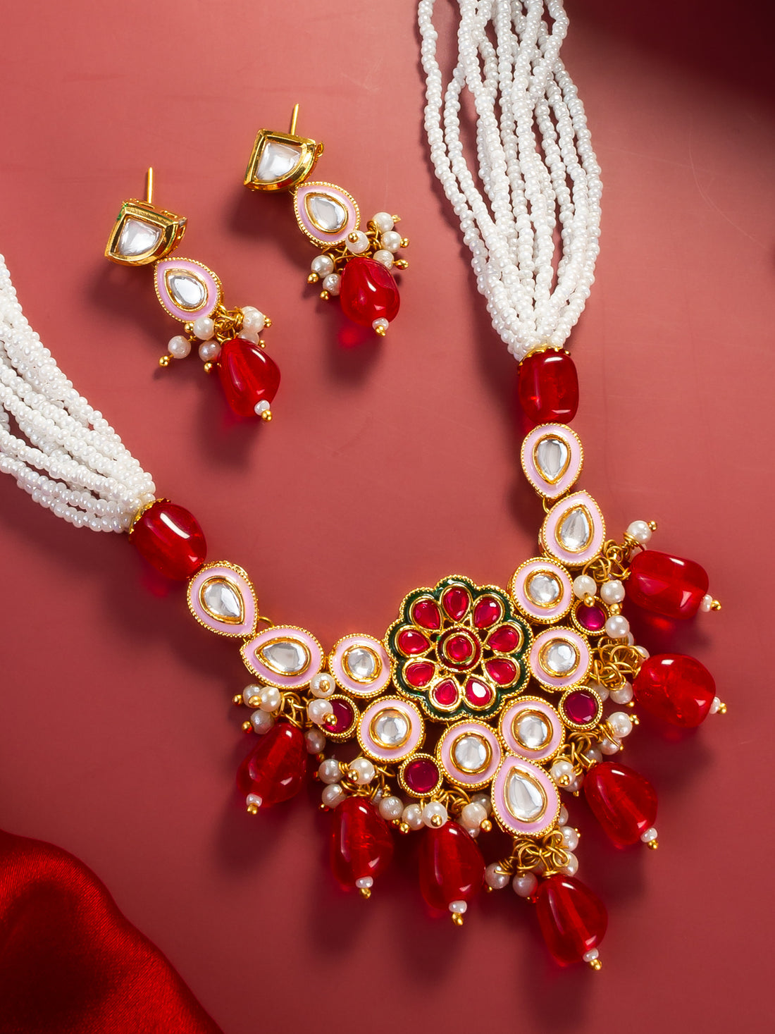 Gold Plated Red & White Kundan Beaded Necklace Set for Women