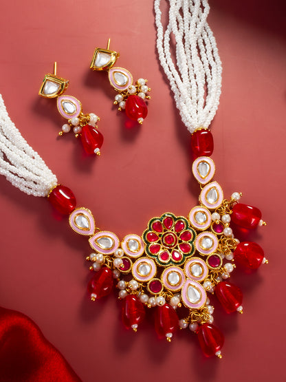 Aadita Gold Plated Red & White Kundan Beaded Necklace Set for Women