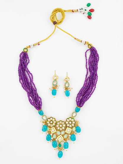 Aadita Gold Plated Kundan & Beads Necklace Set with Earrings for Women