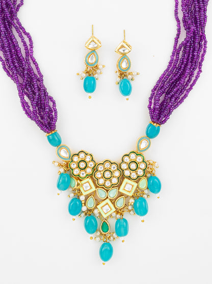 Aadita Gold Plated Kundan & Beads Necklace Set with Earrings for Women