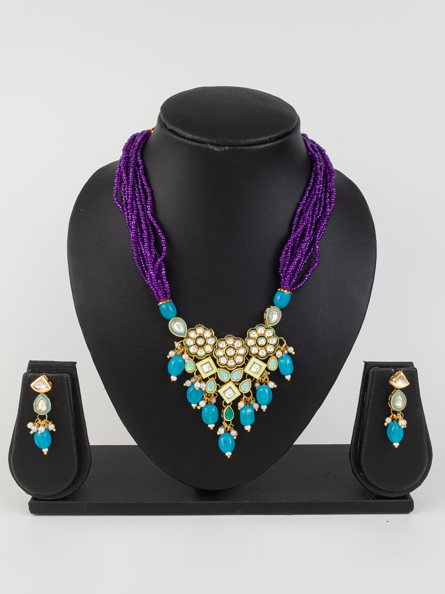 Aadita Gold Plated Kundan & Beads Necklace Set with Earrings for Women