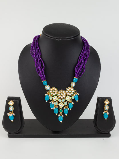 Aadita Gold Plated Kundan & Beads Necklace Set with Earrings for Women