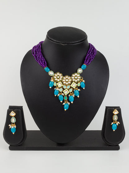 Aadita Gold Plated Kundan & Beads Necklace Set with Earrings for Women