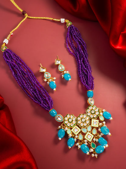 Aadita Gold Plated Kundan & Beads Necklace Set with Earrings for Women