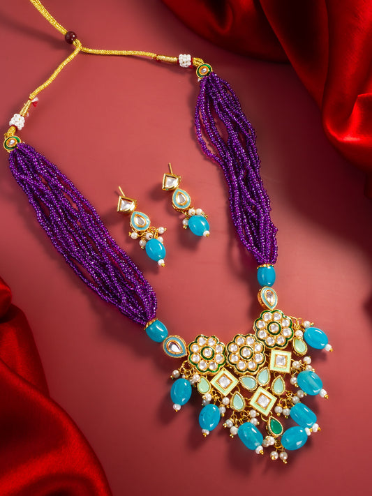 Aadita Gold Plated Kundan & Beads Necklace Set with Earrings for Women