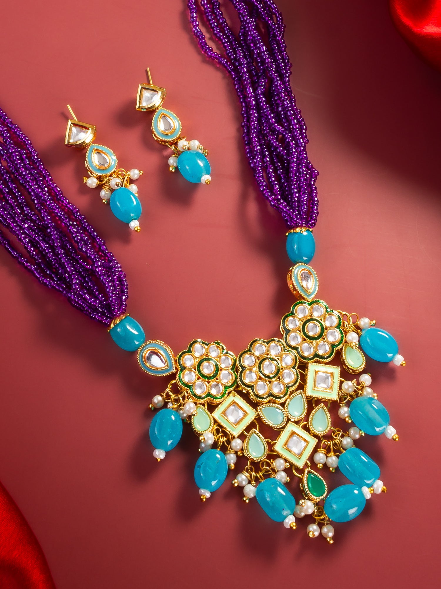 Aadita Gold Plated Kundan & Beads Necklace Set with Earrings for Women