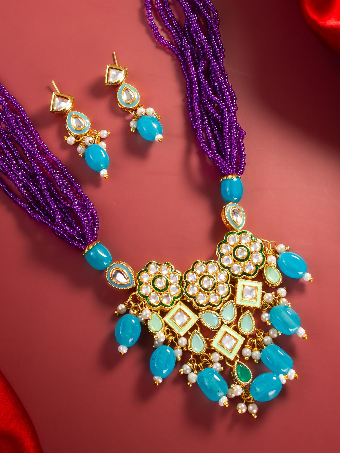 Gold Plated Kundan & Beads Necklace Set with Earrings for Women