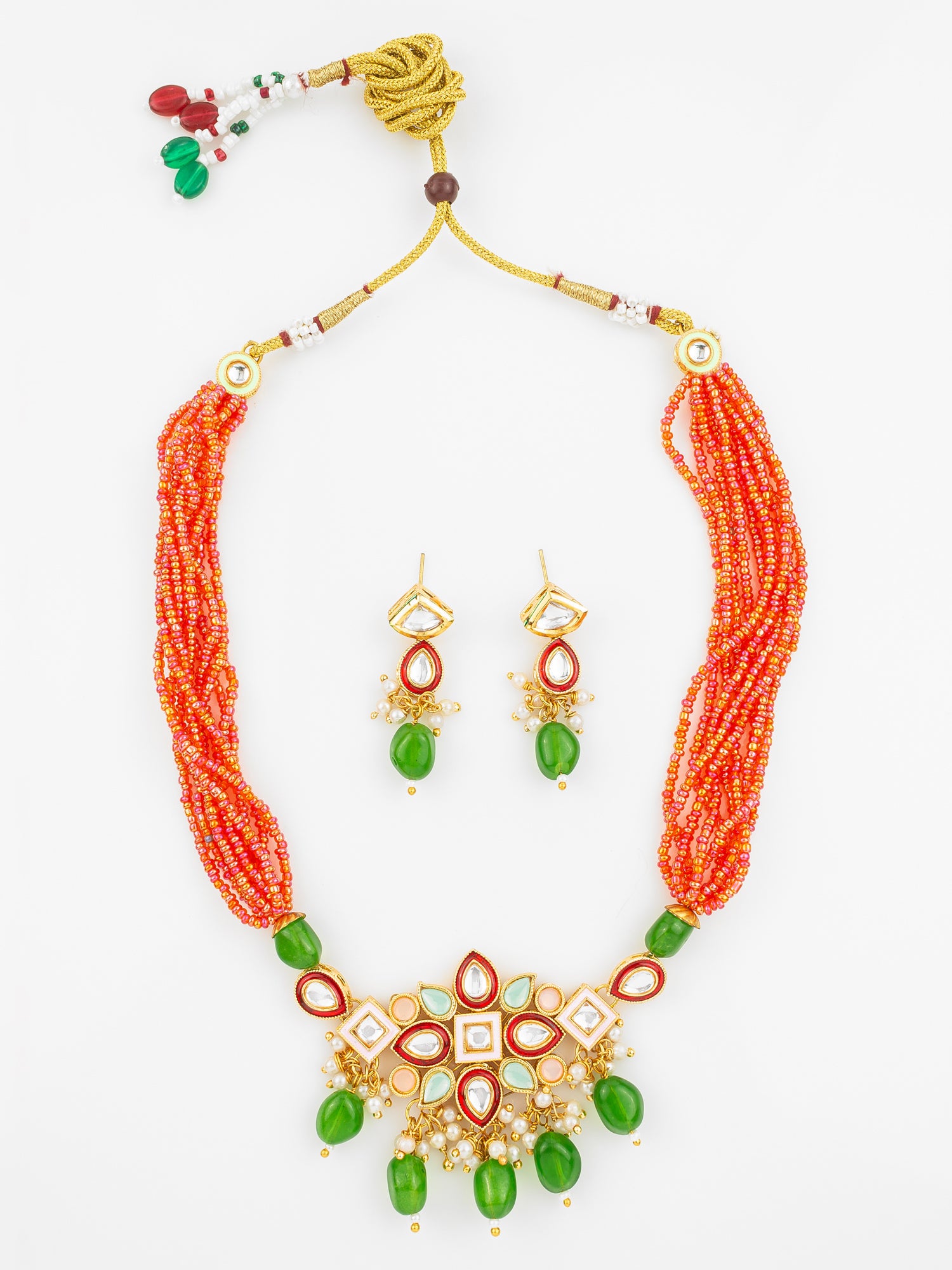 Aadita Gold Plated Orange & Green Beaded Kundan Choker Necklace Set with Earrings