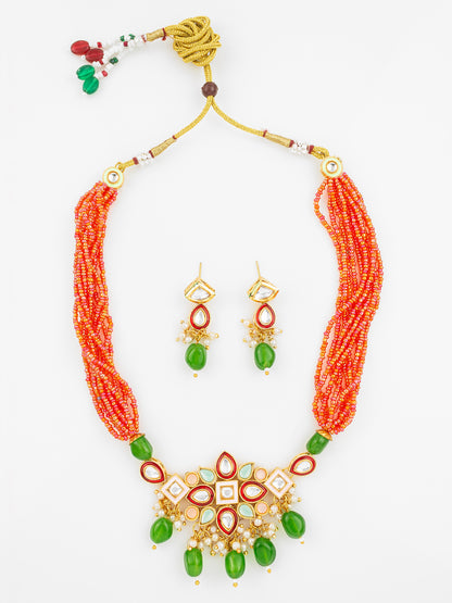 Aadita Gold Plated Orange & Green Beaded Kundan Choker Necklace Set with Earrings