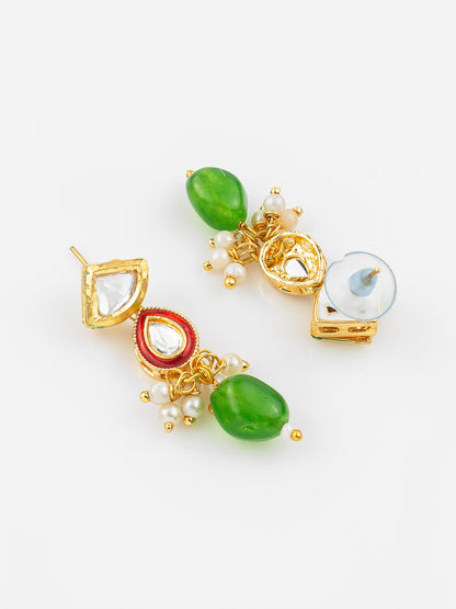 Aadita Gold Plated Orange & Green Beaded Kundan Choker Necklace Set with Earrings