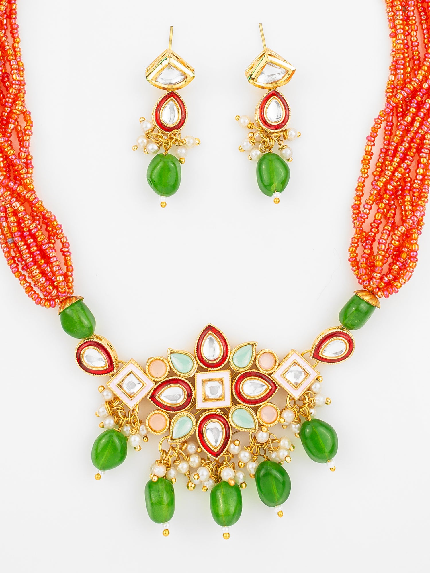 Aadita Gold Plated Orange & Green Beaded Kundan Choker Necklace Set with Earrings