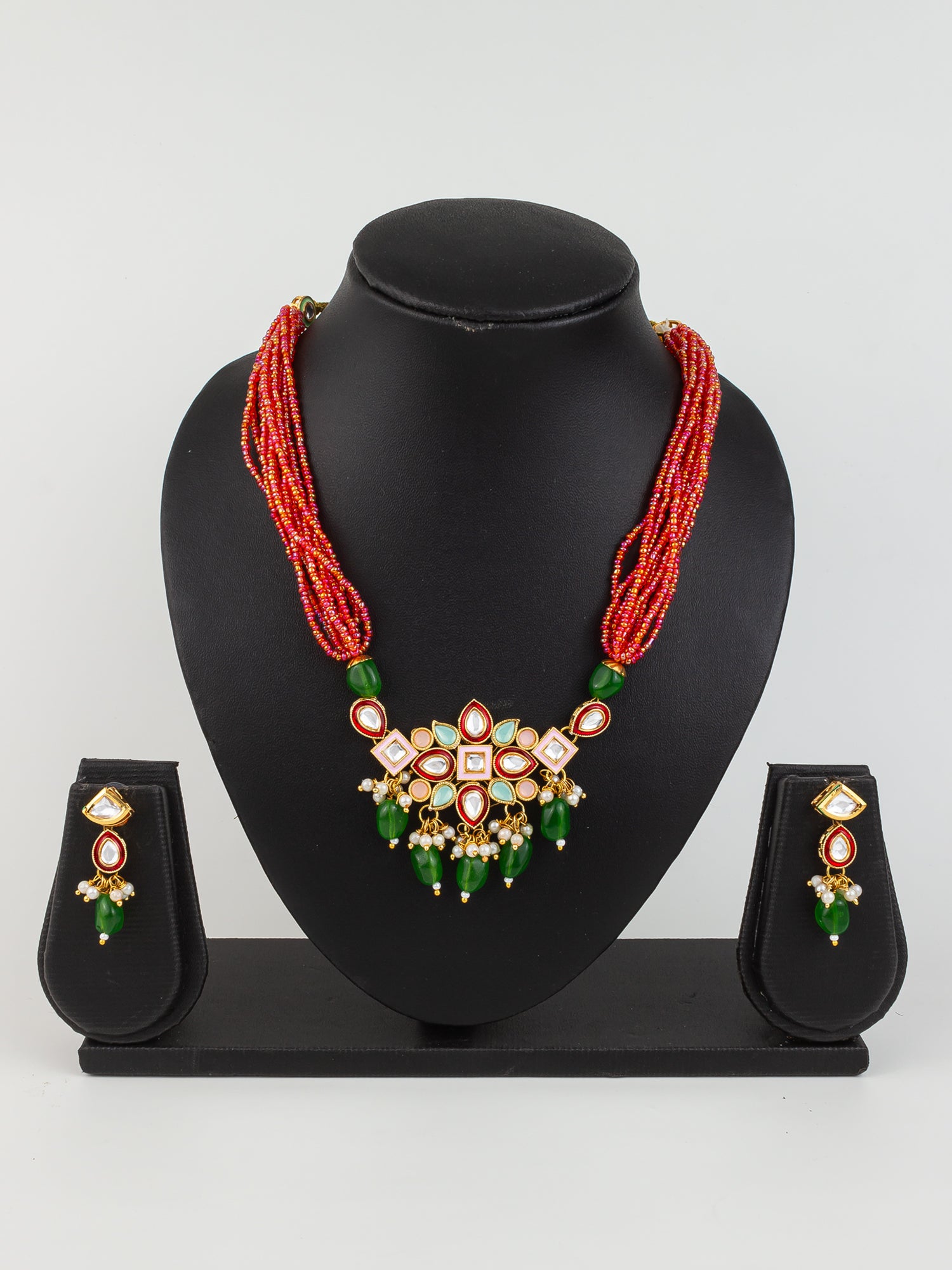 Aadita Gold Plated Orange & Green Beaded Kundan Choker Necklace Set with Earrings