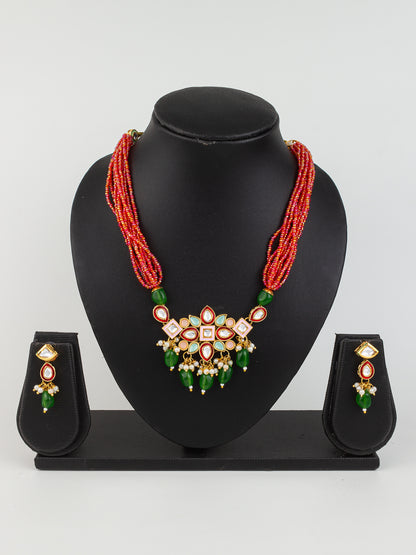Aadita Gold Plated Orange & Green Beaded Kundan Choker Necklace Set with Earrings