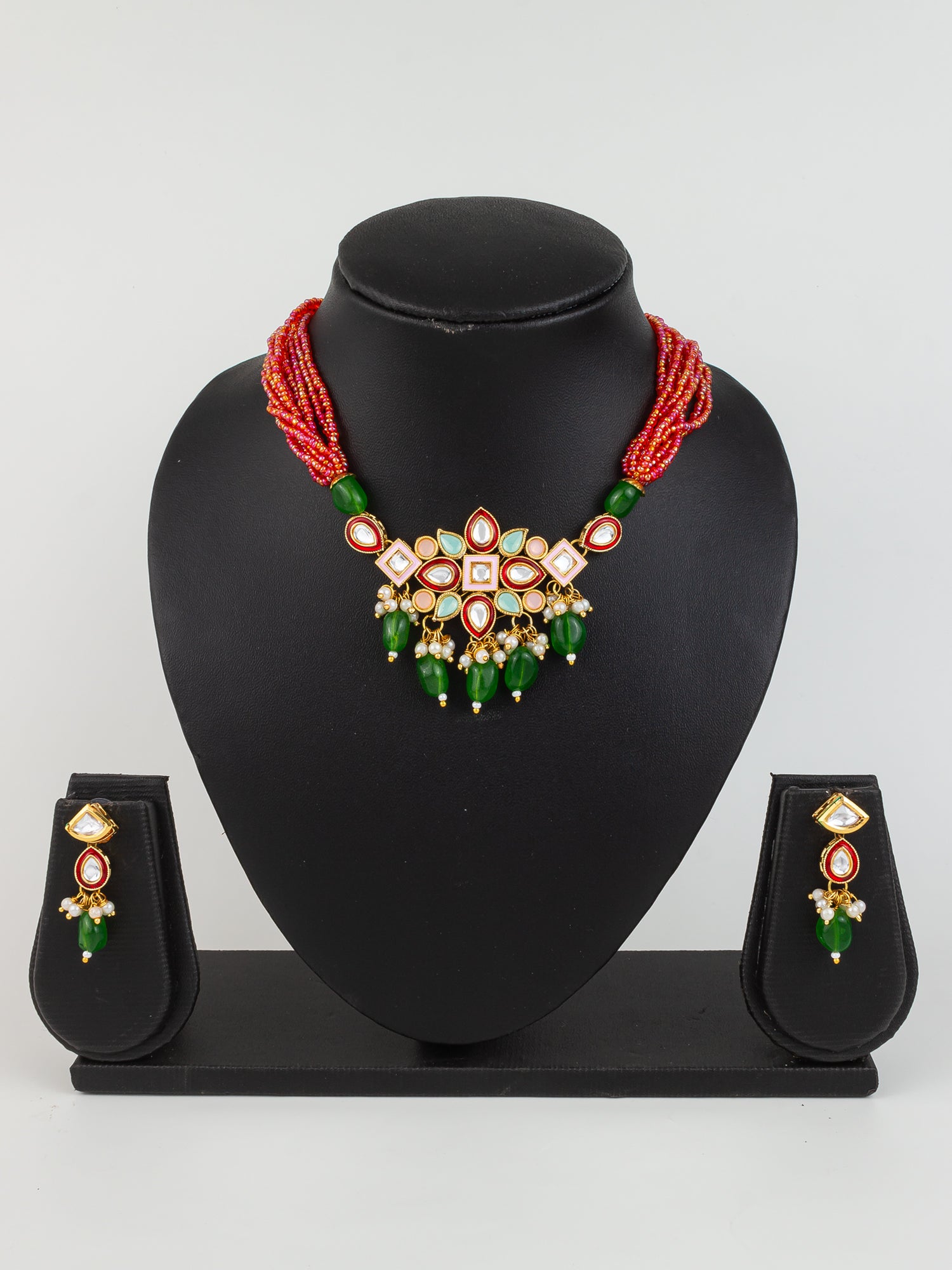 Aadita Gold Plated Orange & Green Beaded Kundan Choker Necklace Set with Earrings