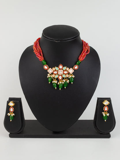 Aadita Gold Plated Orange & Green Beaded Kundan Choker Necklace Set with Earrings