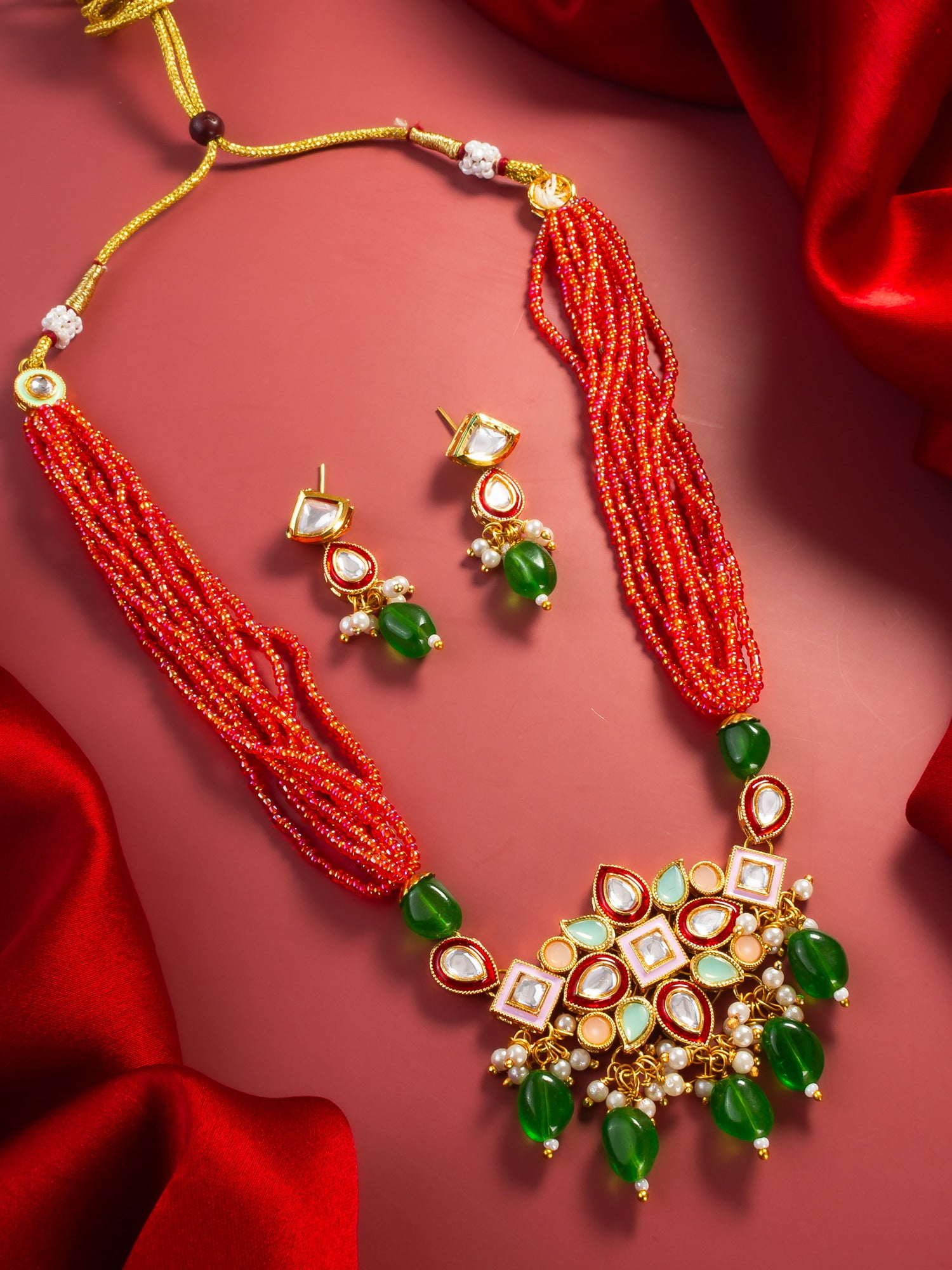Aadita Gold Plated Orange & Green Beaded Kundan Choker Necklace Set with Earrings