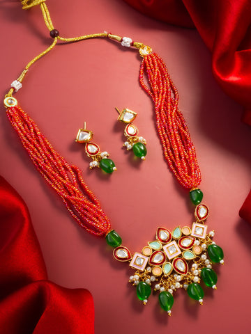 Aadita Gold Plated Orange & Green Beaded Kundan Choker Necklace Set with Earrings