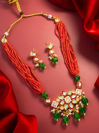 Aadita Gold Plated Orange & Green Beaded Kundan Choker Necklace Set with Earrings