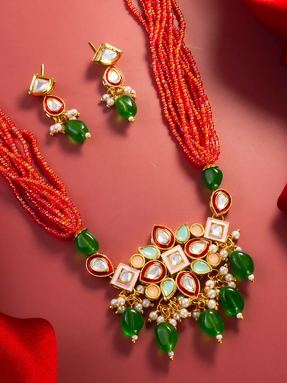 Aadita Gold Plated Orange & Green Beaded Kundan Choker Necklace Set with Earrings