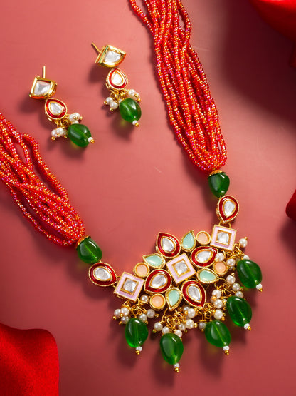 Aadita Gold Plated Orange & Green Beaded Kundan Choker Necklace Set with Earrings